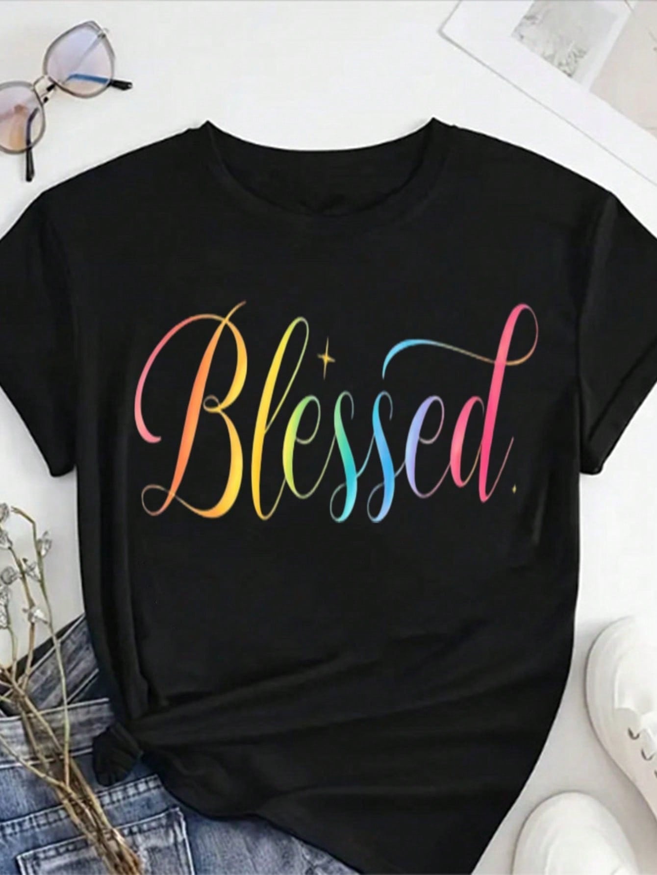 Plus Size, Plus Size Women's 100% T-Shirt- Soft Round Neck Short Sleeve Top With "" Print, Casual Everyday Comfortable Blouse For Spring Summer Fall, Machine Washable Faith-Based Apparel