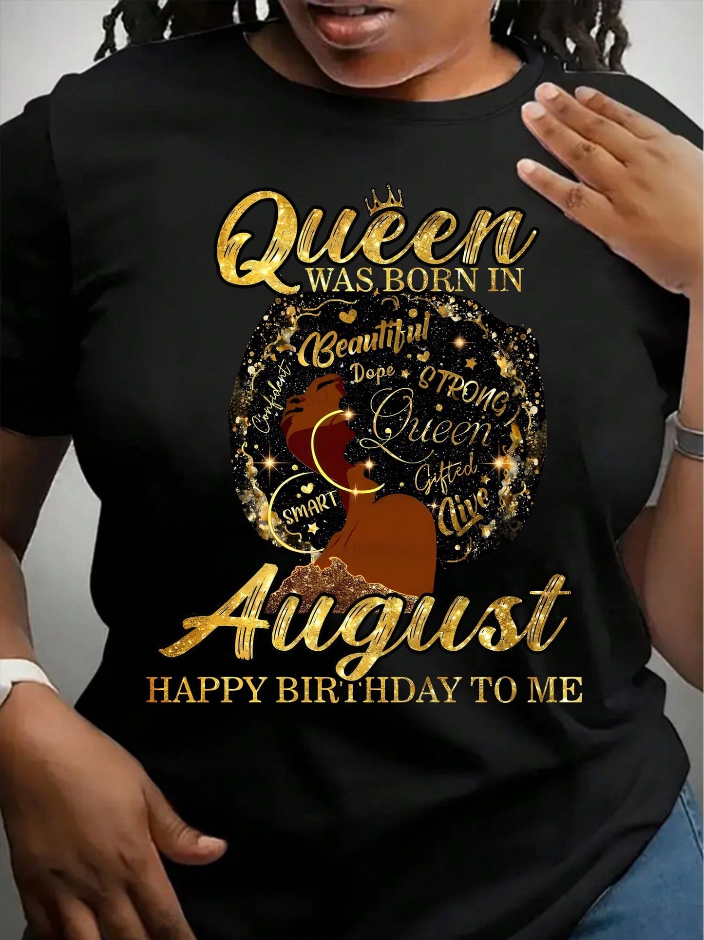 Plus Size, Women's Plus Size Birthday Queen T-Shirt- August Birthday Gift Idea- Black & Golden Graphic Tee- Crew Neck Top For Women