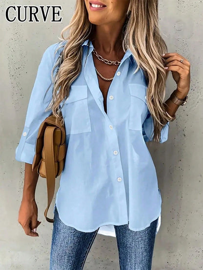 Plus Solid Color Casual Lapel Shirt