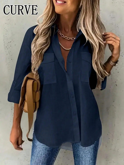 Plus Solid Color Casual Lapel Shirt