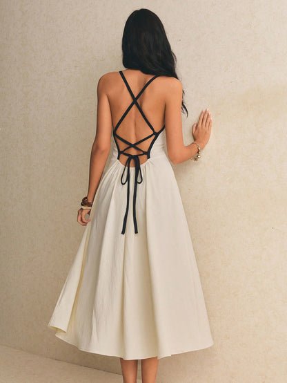 Poéselle Women's Backless Spaghetti Strap Midi Dress For Women – Elegant Square Neck Tie Back Summer Sundress Minimalist Summer Dress Backless Midi Dress