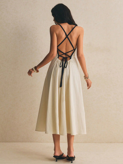 Poéselle Women's Backless Spaghetti Strap Midi Dress For Women – Elegant Square Neck Tie Back Summer Sundress Minimalist Summer Dress Backless Midi Dress
