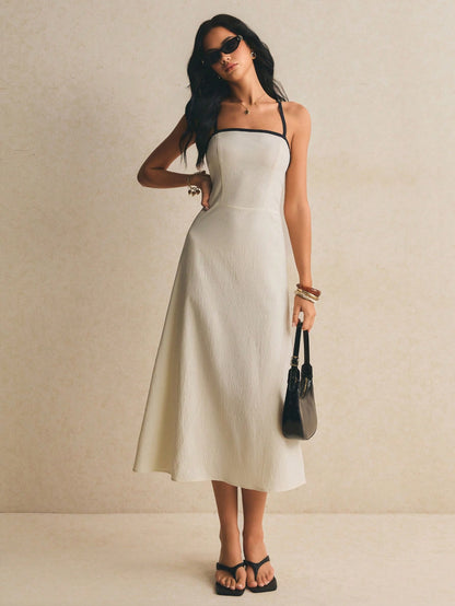 Poéselle Women's Backless Spaghetti Strap Midi Dress For Women – Elegant Square Neck Tie Back Summer Sundress Minimalist Summer Dress Backless Midi Dress