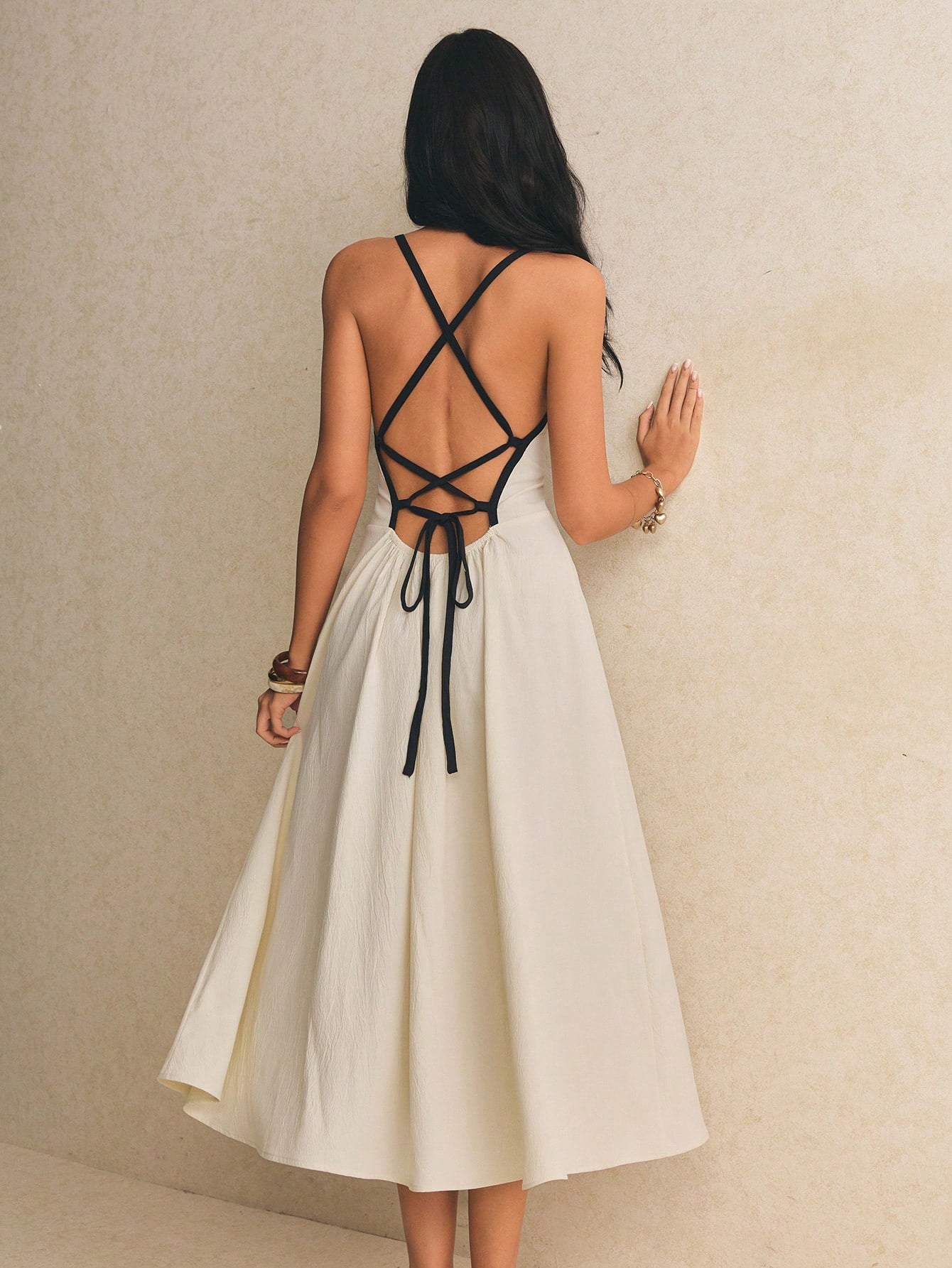 Poéselle Women's Backless Spaghetti Strap Midi Dress For Women – Elegant Square Neck Tie Back Summer Sundress Minimalist Summer Dress Backless Midi Dress