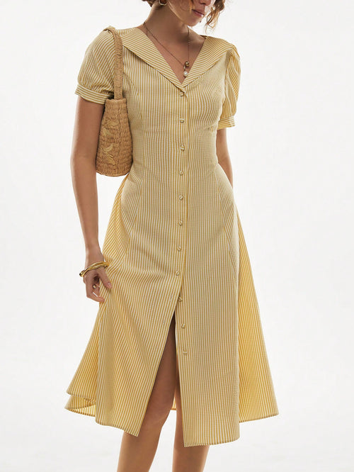 Poéselle Women's Butter Yellow Casual French Striped Button Front Dress, Retro Vintage Beige Summer Holiday Tea Party Picnic Brunch, Elegant Beach Vacation