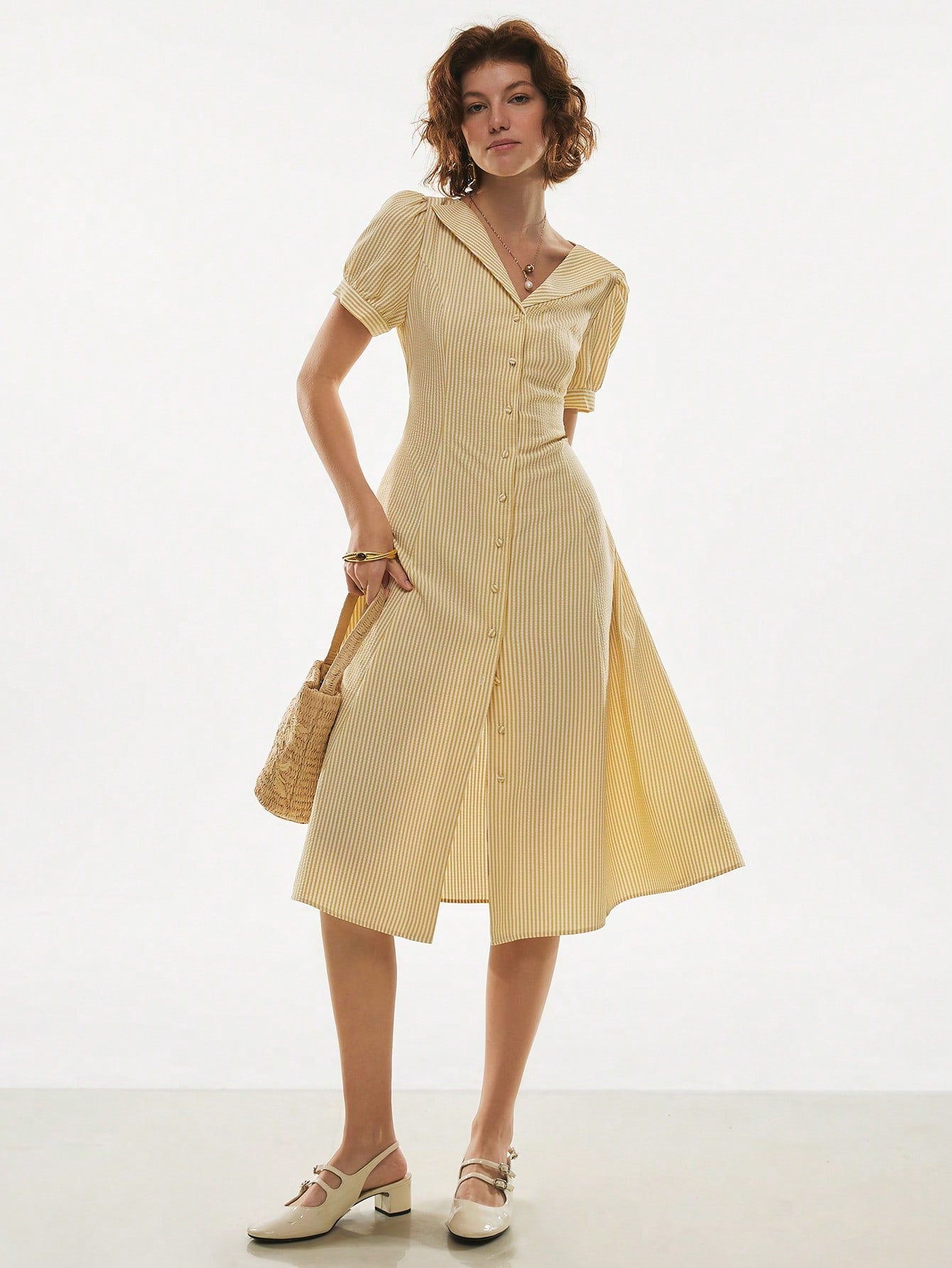 Poéselle Women's Butter Yellow Casual French Striped Button Front Dress, Retro Vintage Beige Summer Holiday Tea Party Picnic Brunch, Elegant Beach Vacation