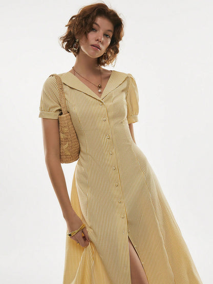 Poéselle Women's Butter Yellow Casual French Striped Button Front Dress, Retro Vintage Beige Summer Holiday Tea Party Picnic Brunch, Elegant Beach Vacation