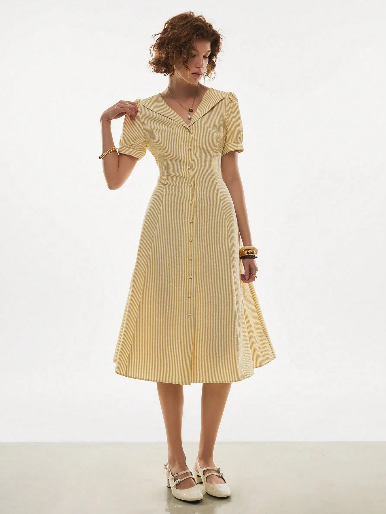 Poéselle Women's Butter Yellow Casual French Striped Button Front Dress, Retro Vintage Beige Summer Holiday Tea Party Picnic Brunch, Elegant Beach Vacation