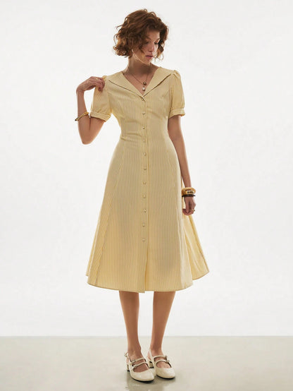 Poéselle Women's Butter Yellow Casual French Striped Button Front Dress, Retro Vintage Beige Summer Holiday Tea Party Picnic Brunch, Elegant Beach Vacation