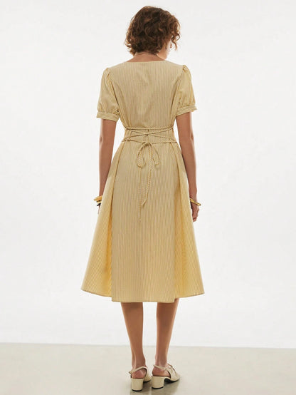 Poéselle Women's Butter Yellow Casual French Striped Button Front Dress, Retro Vintage Beige Summer Holiday Tea Party Picnic Brunch, Elegant Beach Vacation