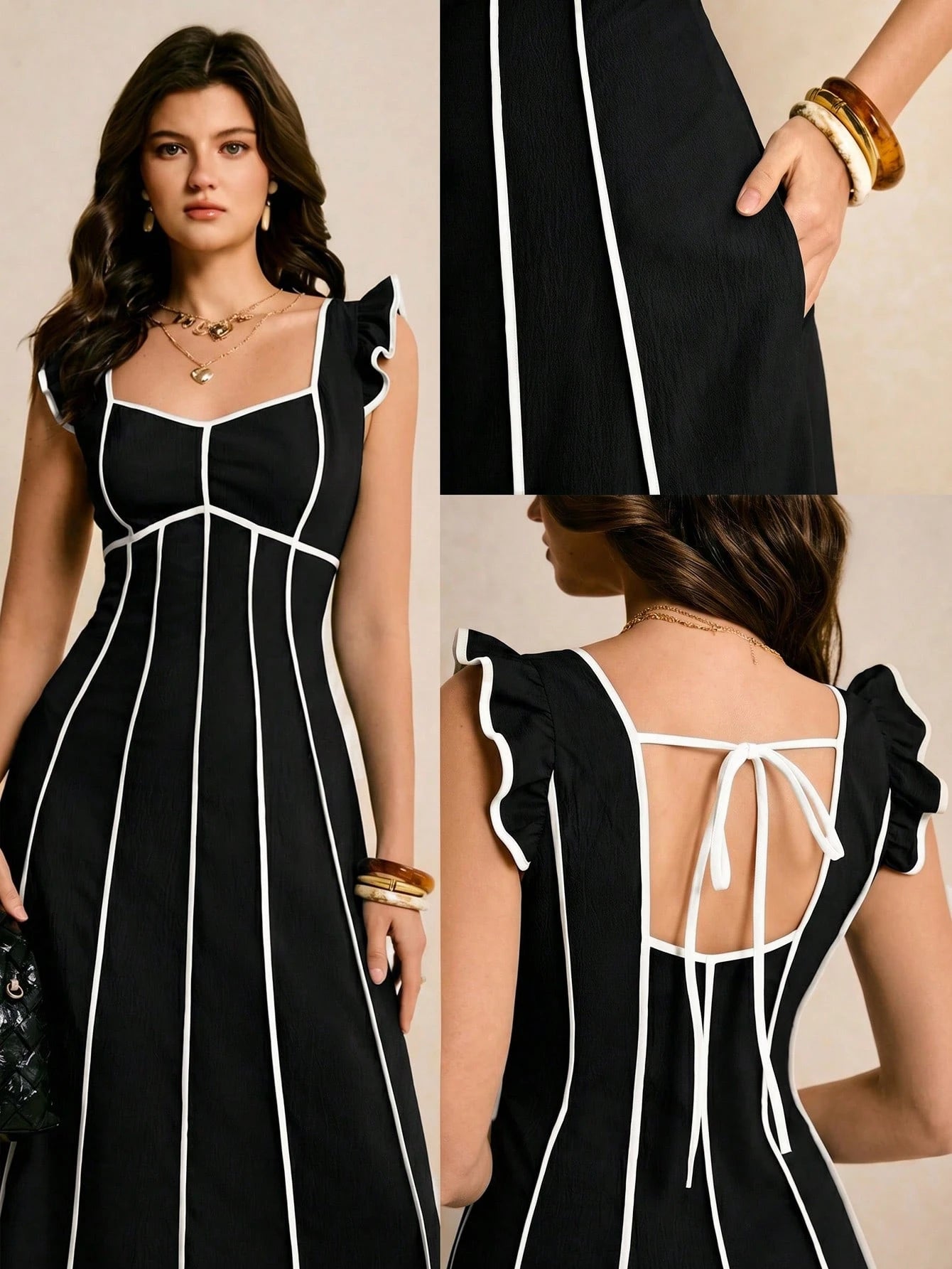 Poéselle Women's Elegant Black And White Dress, Summer, Dresses For Women Brunch,Dresses For Women Summer