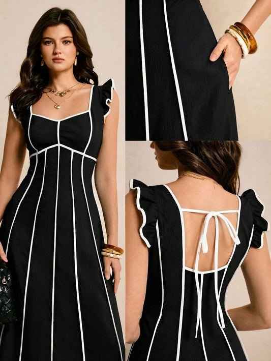 Poéselle Women's Elegant Black And White Dress, Summer, Dresses For Women Brunch,Dresses For Women Summer