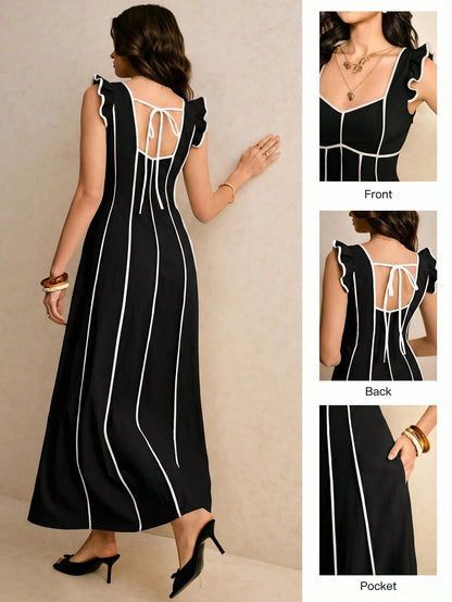 Poéselle Women's Elegant Black And White Dress, Summer, Dresses For Women Brunch,Dresses For Women Summer