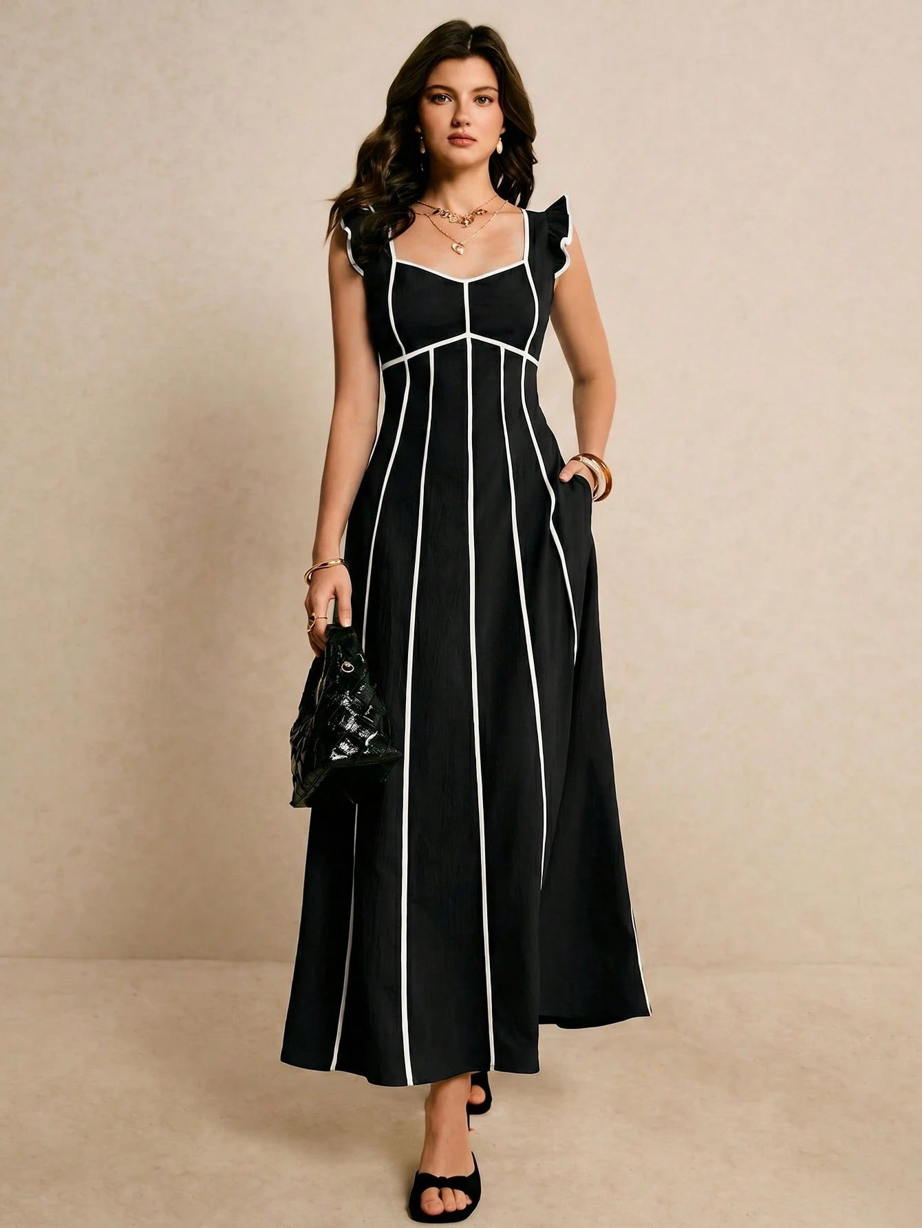 Poéselle Women's Elegant Black And White Dress, Summer, Dresses For Women Brunch,Dresses For Women Summer