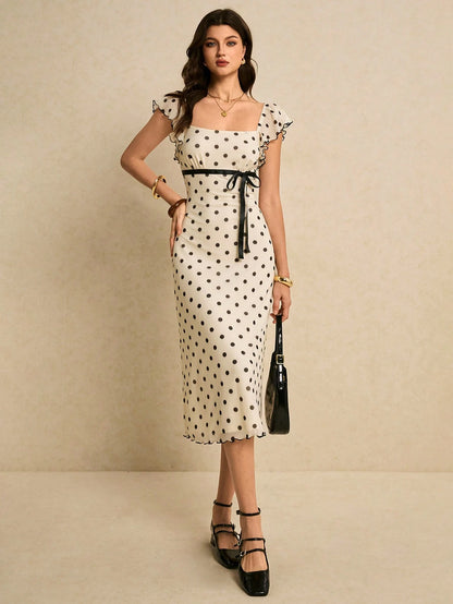 Poéselle Women's Fitted Midi Black White Polka Dot Dress With Square Neck Short Sleeves Zipper Detail Elegant French Knitted Fabric Tea Party Vacation Summer
