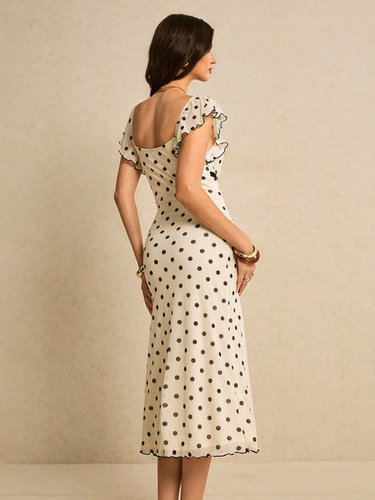 Poéselle Women's Fitted Midi Black White Polka Dot Dress With Square Neck Short Sleeves Zipper Detail Elegant French Knitted Fabric Tea Party Vacation Summer