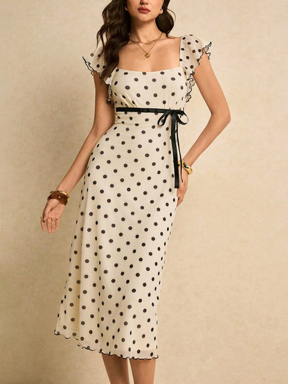 Poéselle Women's Fitted Midi Black White Polka Dot Dress With Square Neck Short Sleeves Zipper Detail Elegant French Knitted Fabric Tea Party Vacation Summer