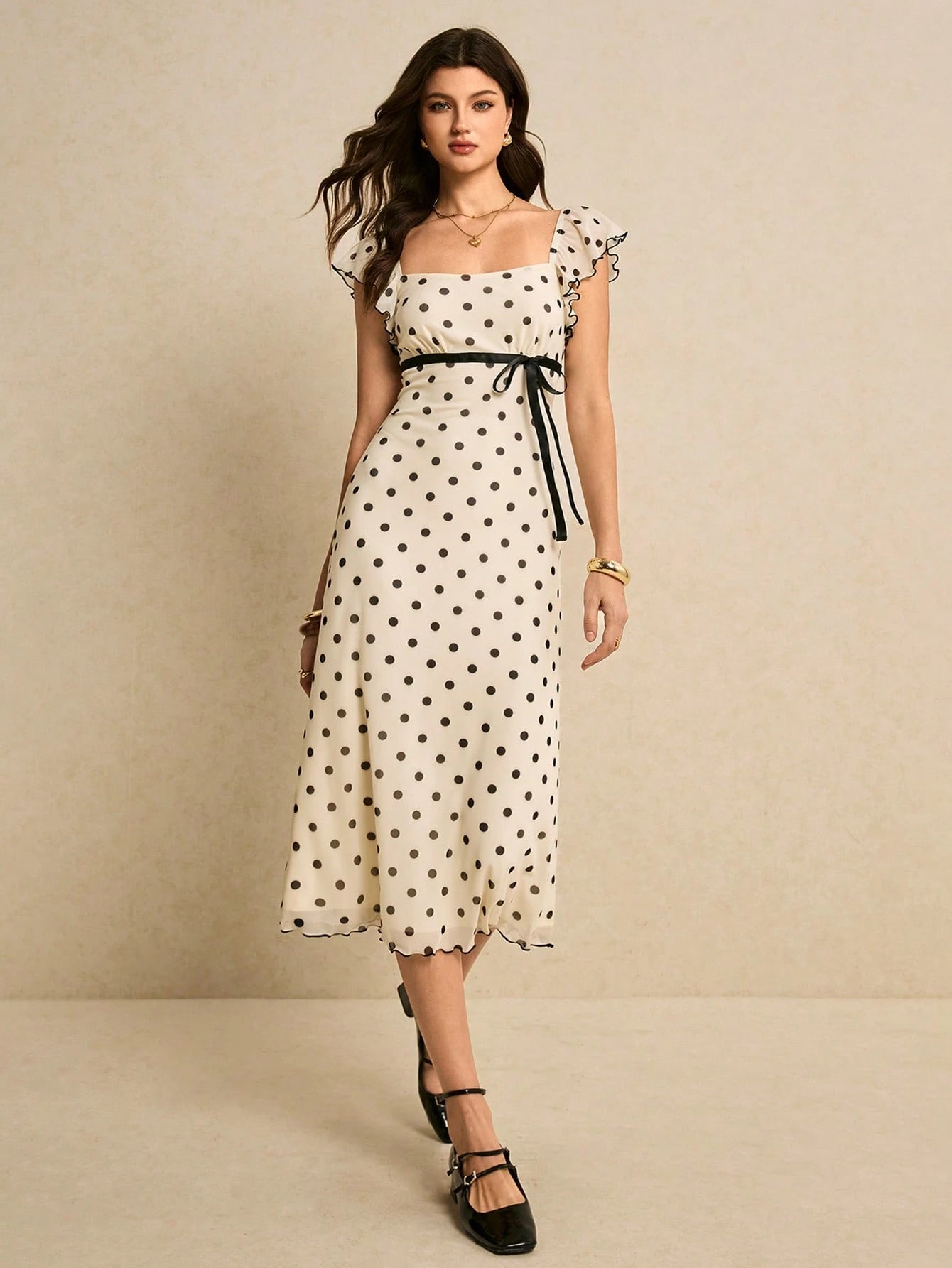 Poéselle Women's Fitted Midi Black White Polka Dot Dress With Square Neck Short Sleeves Zipper Detail Elegant French Knitted Fabric Tea Party Vacation Summer