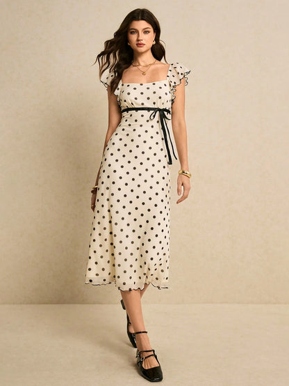 Poéselle Women's Fitted Midi Black White Polka Dot Dress With Square Neck Short Sleeves Zipper Detail Elegant French Knitted Fabric Tea Party Vacation Summer