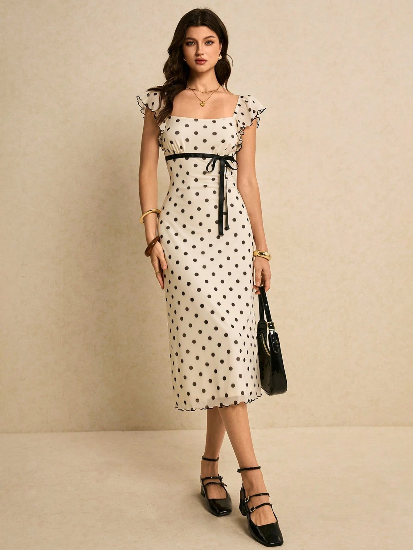 Poéselle Women's Fitted Midi Black White Polka Dot Dress With Square Neck Short Sleeves Zipper Detail Elegant French Knitted Fabric Tea Party Vacation Summer