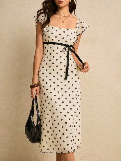 Poéselle Women's Fitted Midi Black White Polka Dot Dress With Square Neck Short Sleeves Zipper Detail Elegant French Knitted Fabric Tea Party Vacation Summer