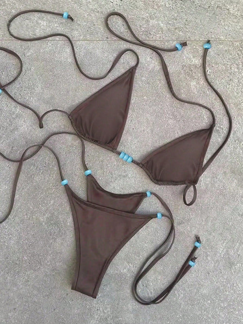 Polovedo Official New Brown Solid Color Tie-Up Bikini Set, Elegant Sexy Beach Holiday Party Swimwear For Women Vacation Summer