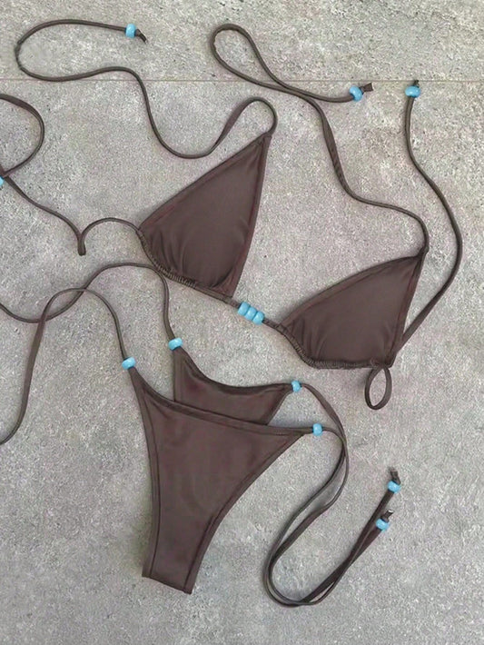 Polovedo Official New Brown Solid Color Tie-Up Bikini Set, Elegant Sexy Beach Holiday Party Swimwear For Women Vacation Summer
