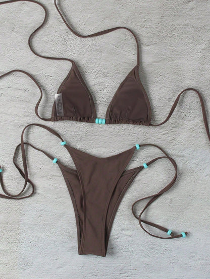 Polovedo Official New Brown Solid Color Tie-Up Bikini Set, Elegant Sexy Beach Holiday Party Swimwear For Women Vacation Summer