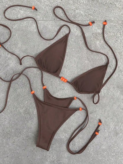 Polovedo Official New Brown Solid Color Tie-Up Bikini Set, Elegant Sexy Beach Holiday Party Swimwear For Women Vacation Summer