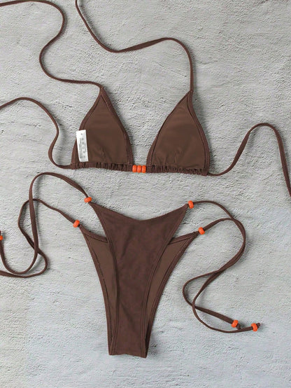 Polovedo Official New Brown Solid Color Tie-Up Bikini Set, Elegant Sexy Beach Holiday Party Swimwear For Women Vacation Summer