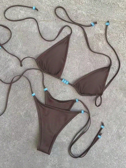 Polovedo Official New Brown Solid Color Tie-Up Bikini Set, Elegant Sexy Beach Holiday Party Swimwear For Women Vacation Summer