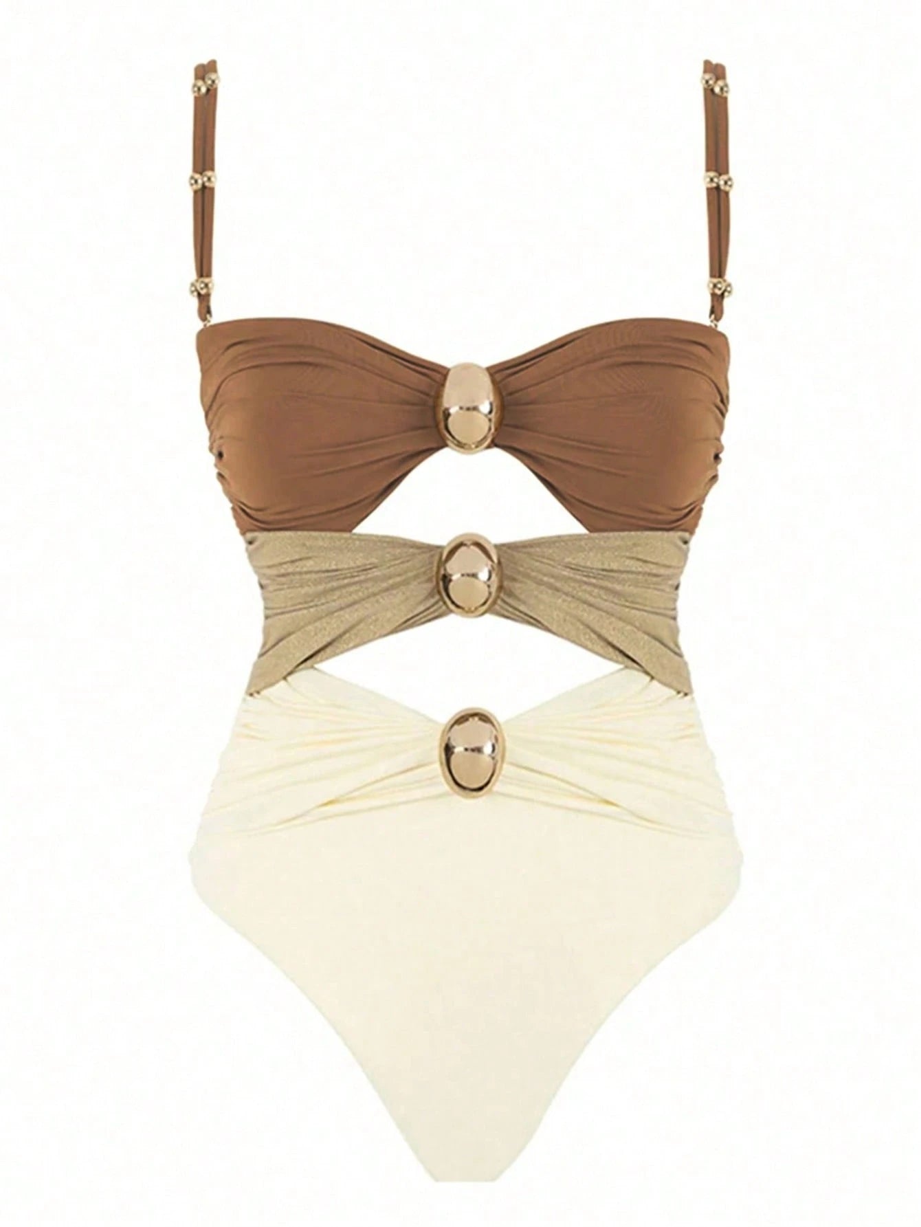Polovedo Official White And Brown Colorblock Hollow One-Piece Swimsuit, Elegant Swimwear Suitable For Beach Vacation And Party Summer