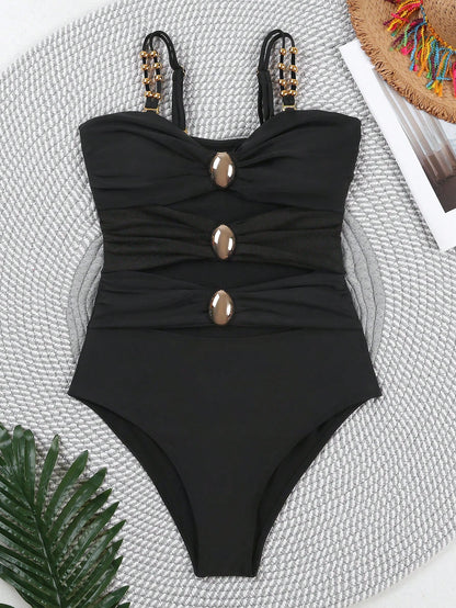 Polovedo Official White And Brown Colorblock Hollow One-Piece Swimsuit, Elegant Swimwear Suitable For Beach Vacation