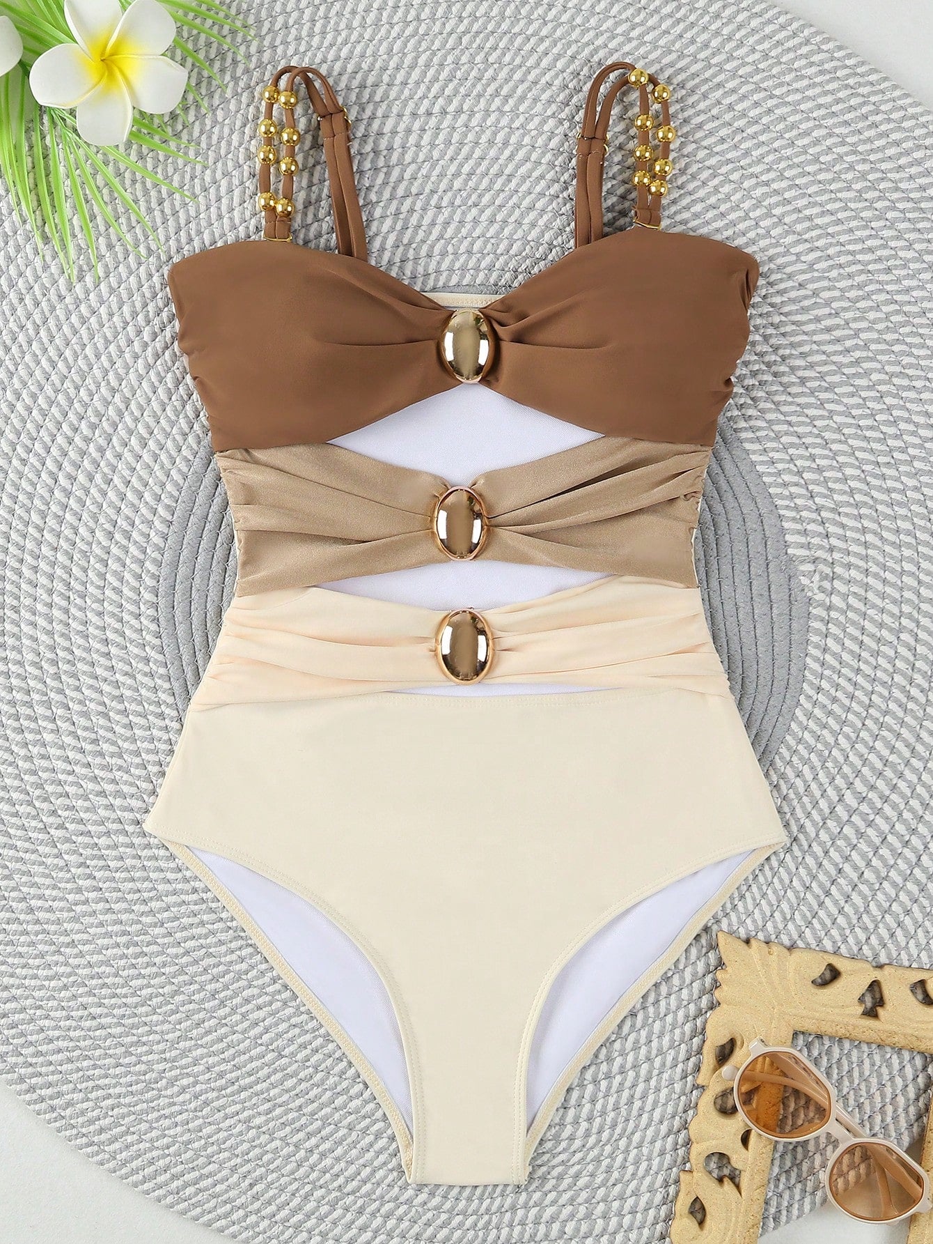 Polovedo Official White And Brown Colorblock Hollow One-Piece Swimsuit, Elegant Swimwear Suitable For Beach Vacation And Party Summer