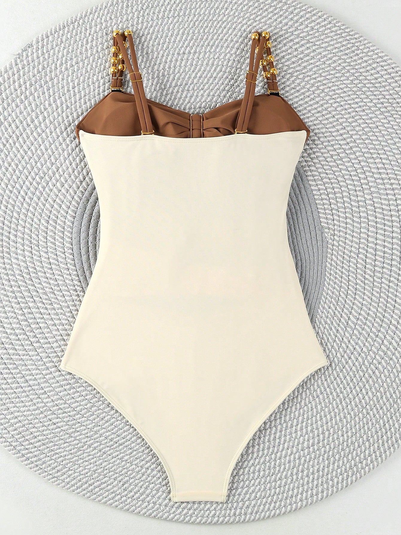 Polovedo Official White And Brown Colorblock Hollow One-Piece Swimsuit, Elegant Swimwear Suitable For Beach Vacation And Party Summer