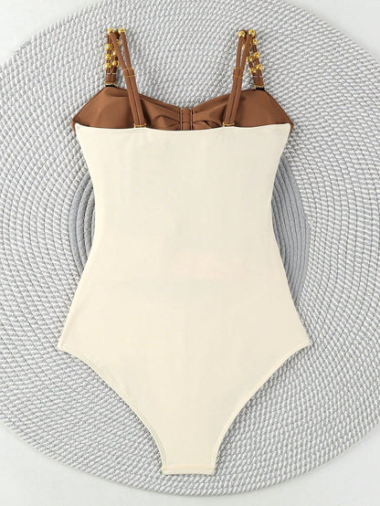 Polovedo Official White And Brown Colorblock Hollow One-Piece Swimsuit, Elegant Swimwear Suitable For Beach Vacation And Party Summer