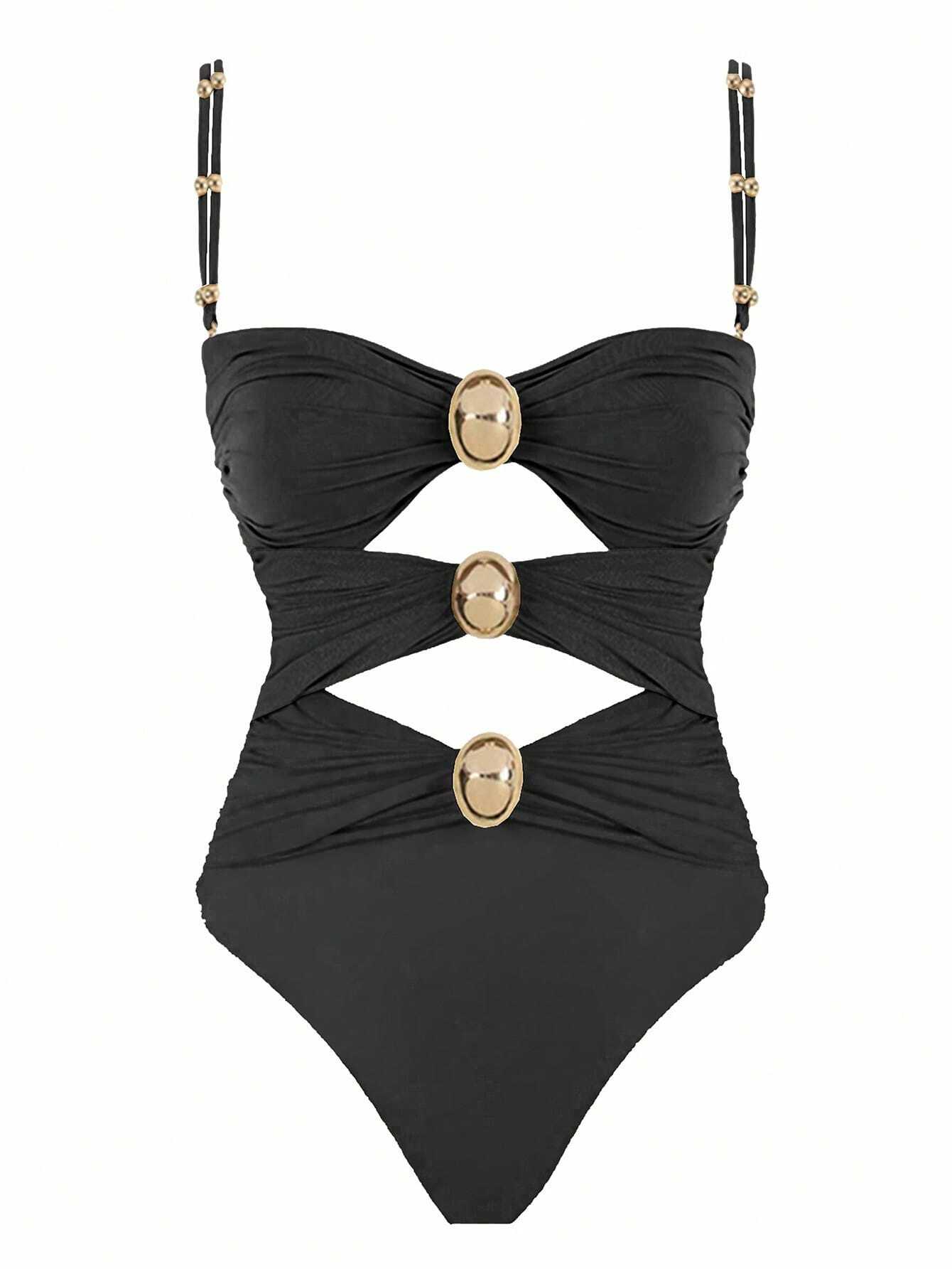 Polovedo Official White And Brown Colorblock Hollow One-Piece Swimsuit, Elegant Swimwear Suitable For Beach Vacation And Party Summer