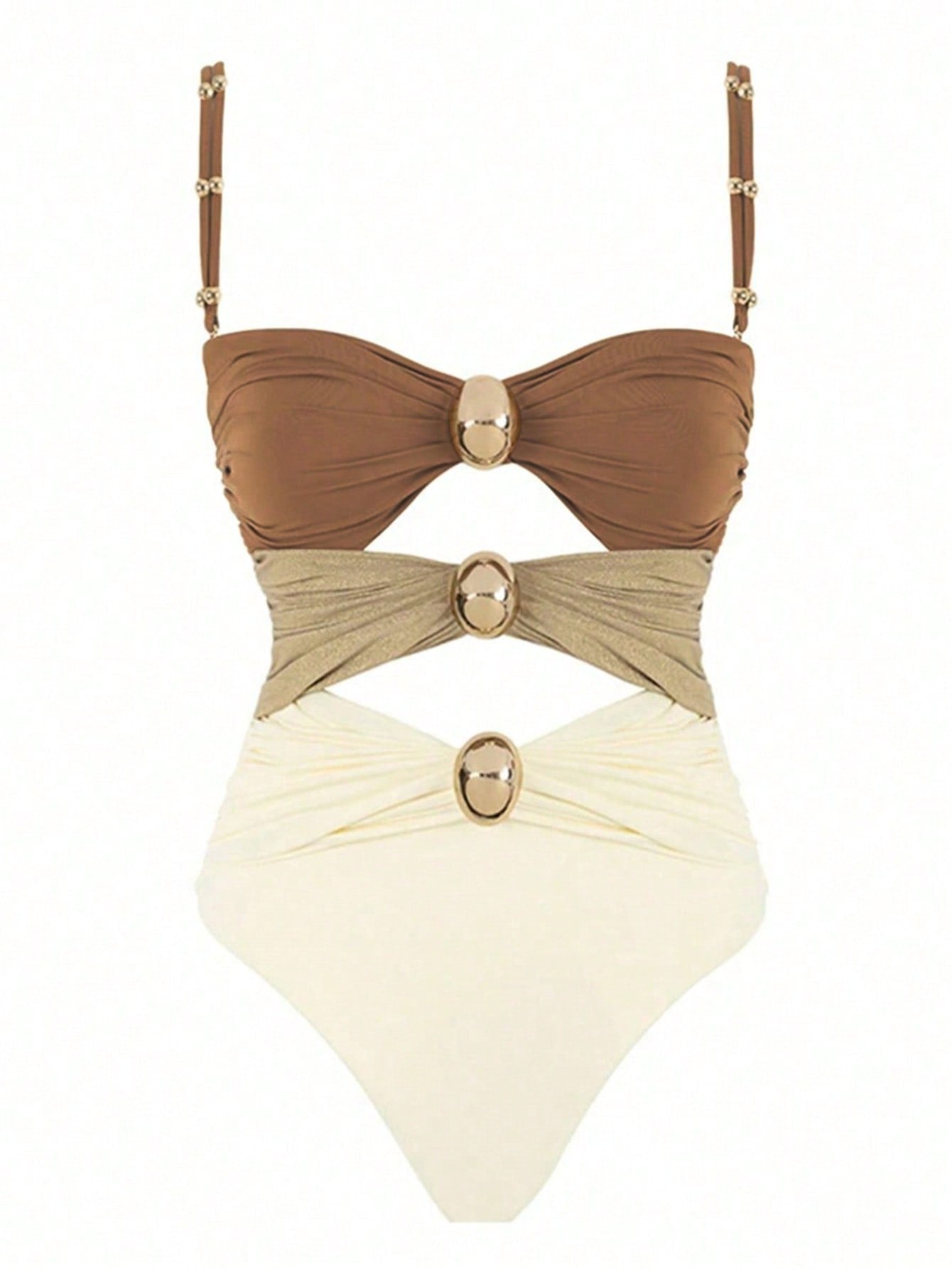 Polovedo Official White And Brown Colorblock Hollow One-Piece Swimsuit, Elegant Swimwear Suitable For Beach Vacation And Party Summer