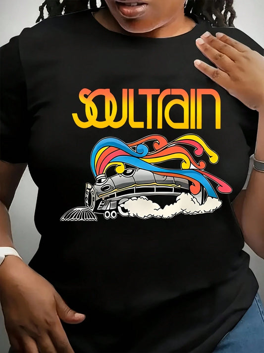 [Popular Choice] Women's Plus Size T-Shirt With Soul Train Graphic, Round Neck, Short Sleeve, Stretch Knit Polyester Blend Fabric- Machine Washable