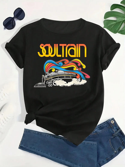 [Popular Choice] Women's Plus Size T-Shirt With Soul Train Graphic, Round Neck, Short Sleeve, Stretch Knit Polyester Blend Fabric- Machine Washable