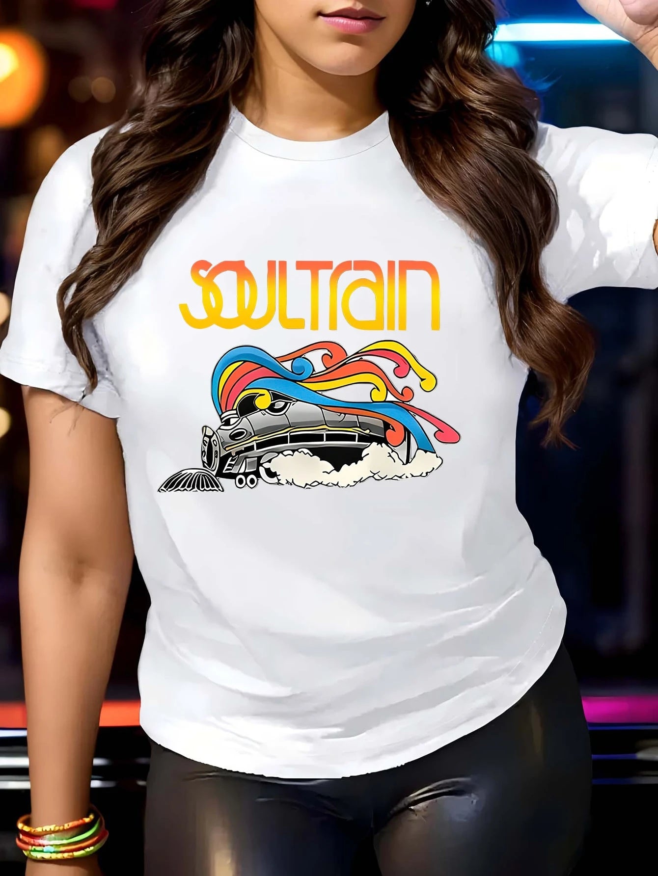 [Popular Choice] Women's Plus Size T-Shirt With Soul Train Graphic, Round Neck, Short Sleeve, Stretch Knit Polyester Blend Fabric- Machine Washable