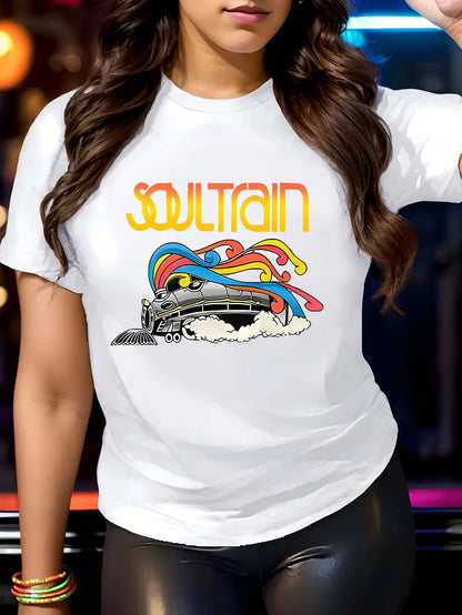 [Popular Choice] Women's Plus Size T-Shirt With Soul Train Graphic, Round Neck, Short Sleeve, Stretch Knit Polyester Blend Fabric- Machine Washable