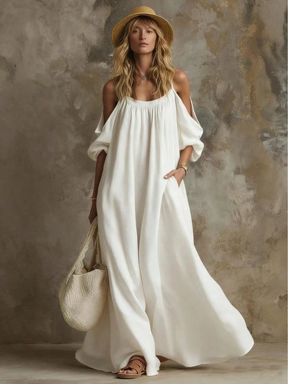 Popular European And American Holiday-Style Pocketed Off-Shoulder Cotton-Linen Loose-Fitting Slimming Maxi Dress