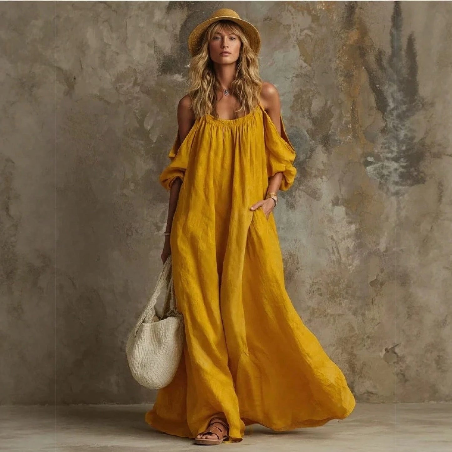 Popular European And American Holiday-Style Pocketed Off-Shoulder Cotton-Linen Loose-Fitting Slimming Maxi Dress