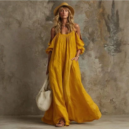 Popular European And American Holiday-Style Pocketed Off-Shoulder Cotton-Linen Loose-Fitting Slimming Maxi Dress