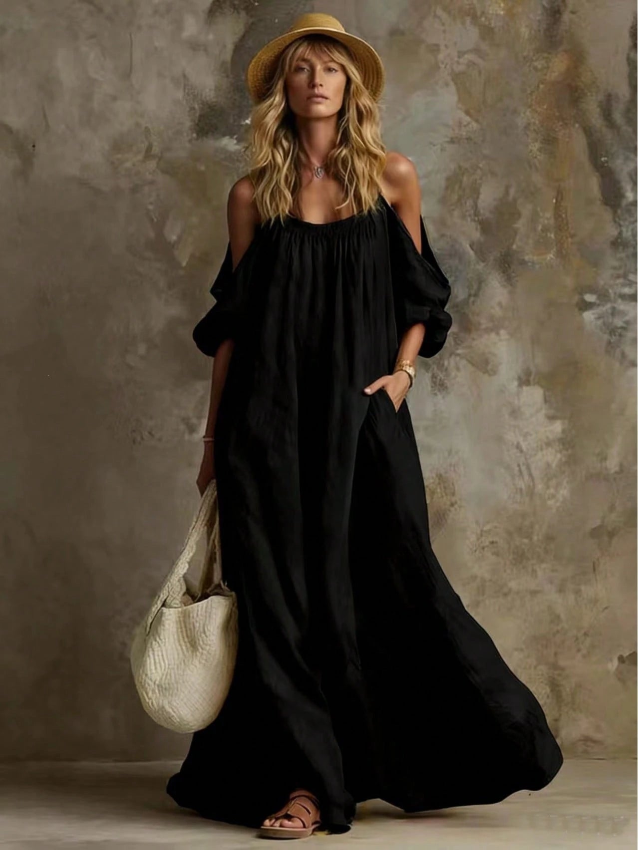 Popular European And American Holiday-Style Pocketed Off-Shoulder Cotton-Linen Loose-Fitting Slimming Maxi Dress