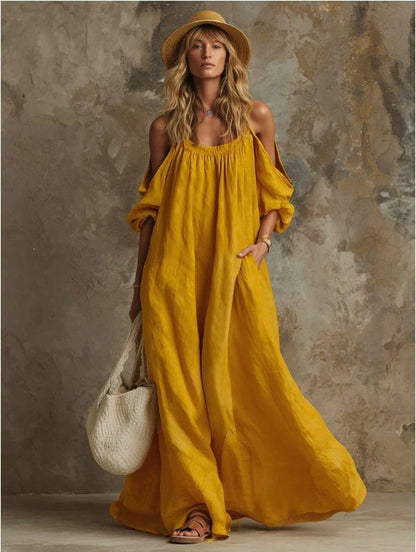 Popular European And American Holiday-Style Pocketed Off-Shoulder Cotton-Linen Loose-Fitting Slimming Maxi Dress