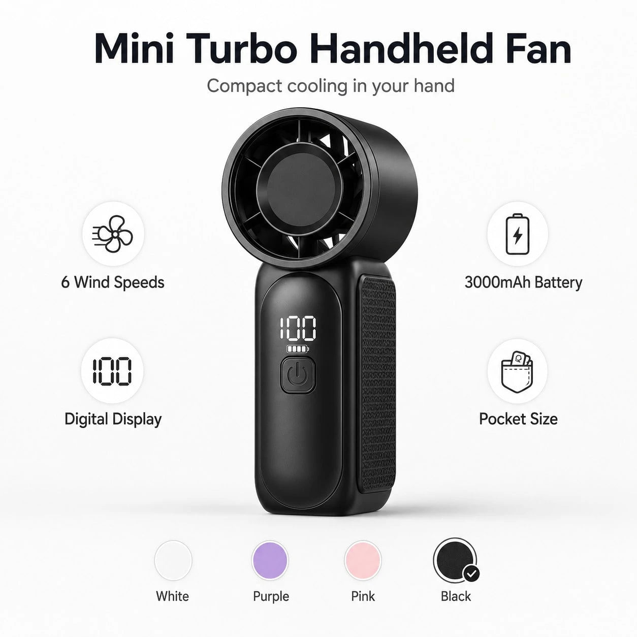 Portable Handheld Mini Fan, 6 Speeds 16900 RPM High Velocity Personal Fan With LED Display, USB Rechargeable, Mini Fan With Lanyard For Makeup, Travel, Outdoor For Women Girl Gift, Black