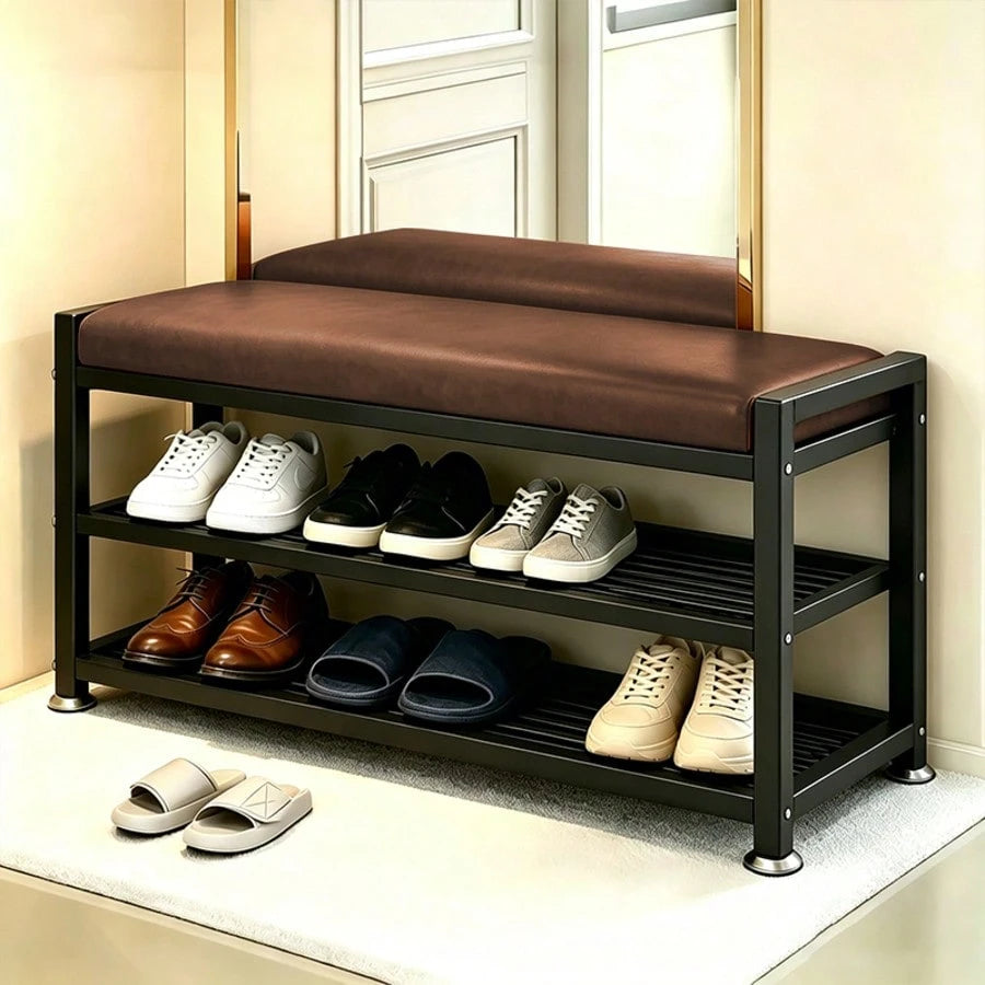 PQSQRJU Modern Entryway Shoe Changing Bench, Shoe Rack With Soft Cushion, Shoe Storage Organizer, Easy-To-Install Metal Frame-- Ideal For Bedroom Or Hallway. Multi-Compartment Design, Space-Saving En