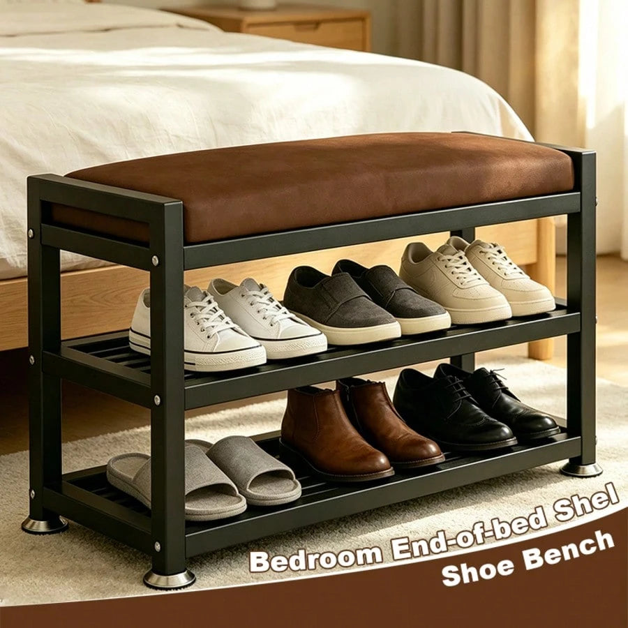 PQSQRJU Modern Entryway Shoe Changing Bench, Shoe Rack With Soft Cushion, Shoe Storage Organizer, Easy-To-Install Metal Frame-- Ideal For Bedroom Or Hallway. Multi-Compartment Design, Space-Saving En
